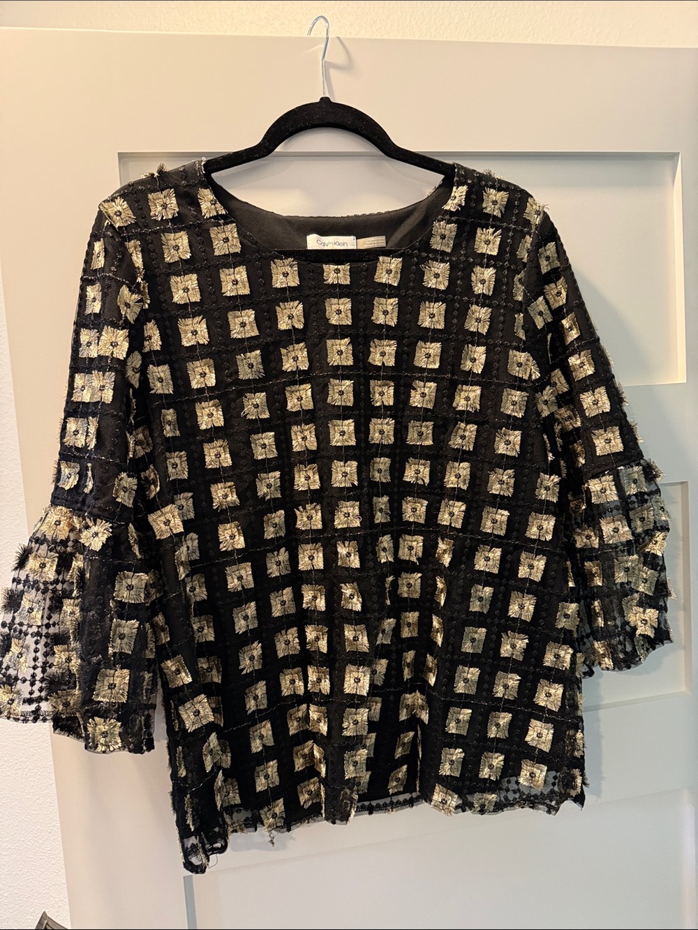 Calvin Klein Black Blouse with Gold Square Embellishments